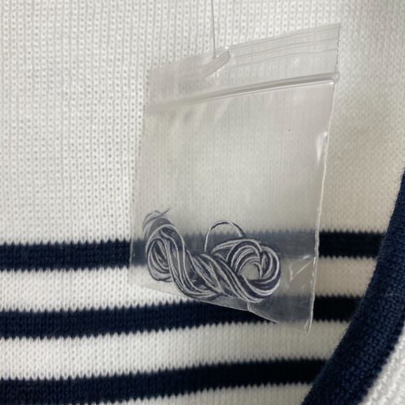 FOXCROFT Cardigan L 100% Cotton Navy White Striped Zip Front Coastal Beachy - Picture 10 of 11